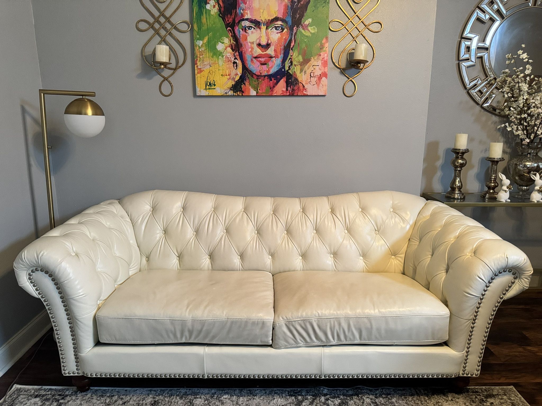 Tufted White Leather Couch 