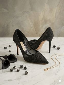Jimmy Choo "Romy" Black Glitter & Mesh Pumps
