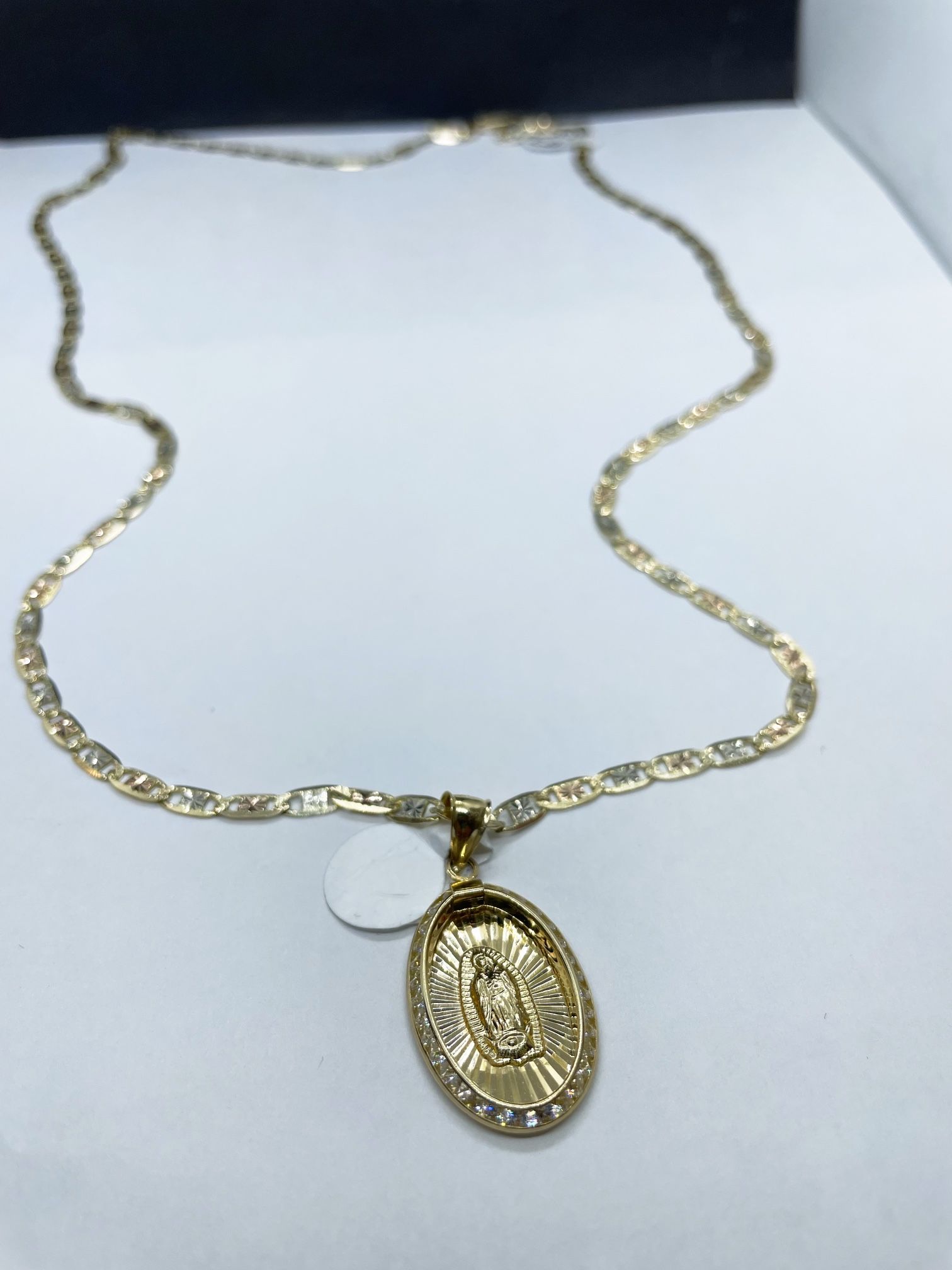 14k solid Gold Valentina three color chain and Virgen maria charm, necklace gold pendant