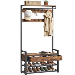 Hall Tree with Bench and Shoe Storage, Entryway Coat Rack with Shoe Bench, 2 Fabric Drawers, 10 Hooks, 11.8 x 31.7 x 71.5 Inches, Stone Gr