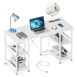 40 Inch Small Writing Desk with Power Outlets & USB Charging Port, Computer Desk for Small Spaces Home Office, Student Laptop PC Desks with Storage Sh