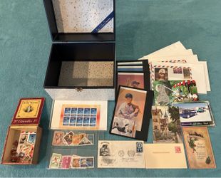 Collection of World Stamps, First Day Covers, and Postcards in Vintage Fuji Clos Hinged Box