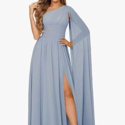 One Shoulder Bridesmaid Dresses with Slit Pleated Formal Evening Gowns with Detachable Flaps