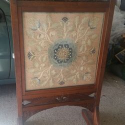Mahogany Fire Screen with Embroidered Panel,  Victorian Period.