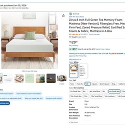 Zinus 8 Inch Full Size Green Tea Memory Foam Mattress - Like New