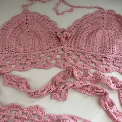 Crochet Bra With Long Straps That Go Around The Body For Support And Style. 