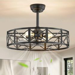 NEW 23 Inch Fandelier Caged Ceiling Fans with Lights and Remote, Black Bladeless Ceiling Fan with 6 Speeds and Timing, Farmhouse Samll Fan Lights Ceil