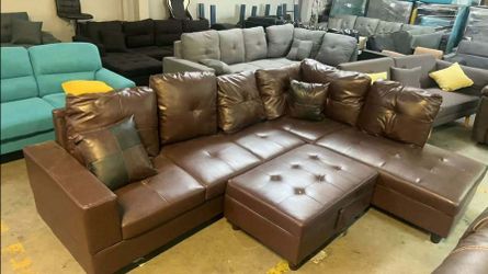 Brown sectional sofa couch set with storage ottoman included