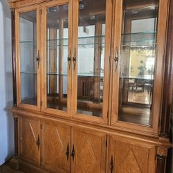 Antique Real Wood Oak China Display Cabinet Hutch
