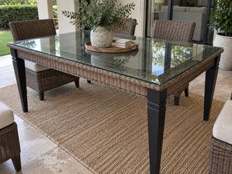 Outdoor Wicker Dining Table with Glass Top