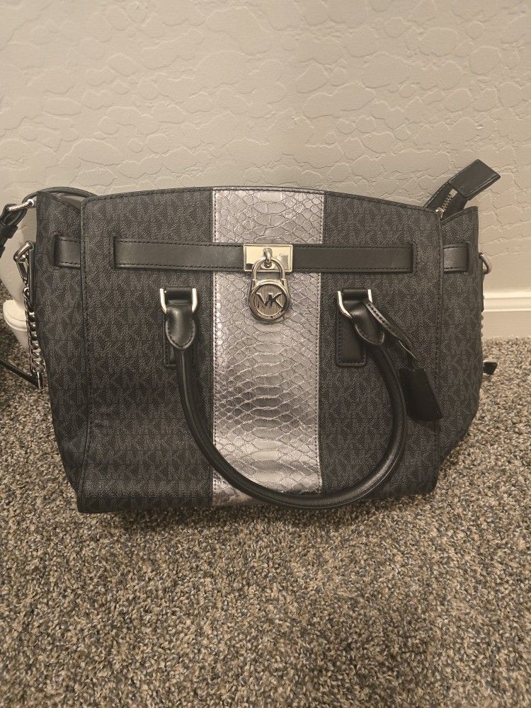 Michael Kors MK Designer Hamilton Blk Silver Crossbody Stripe Bag Purse Handbag