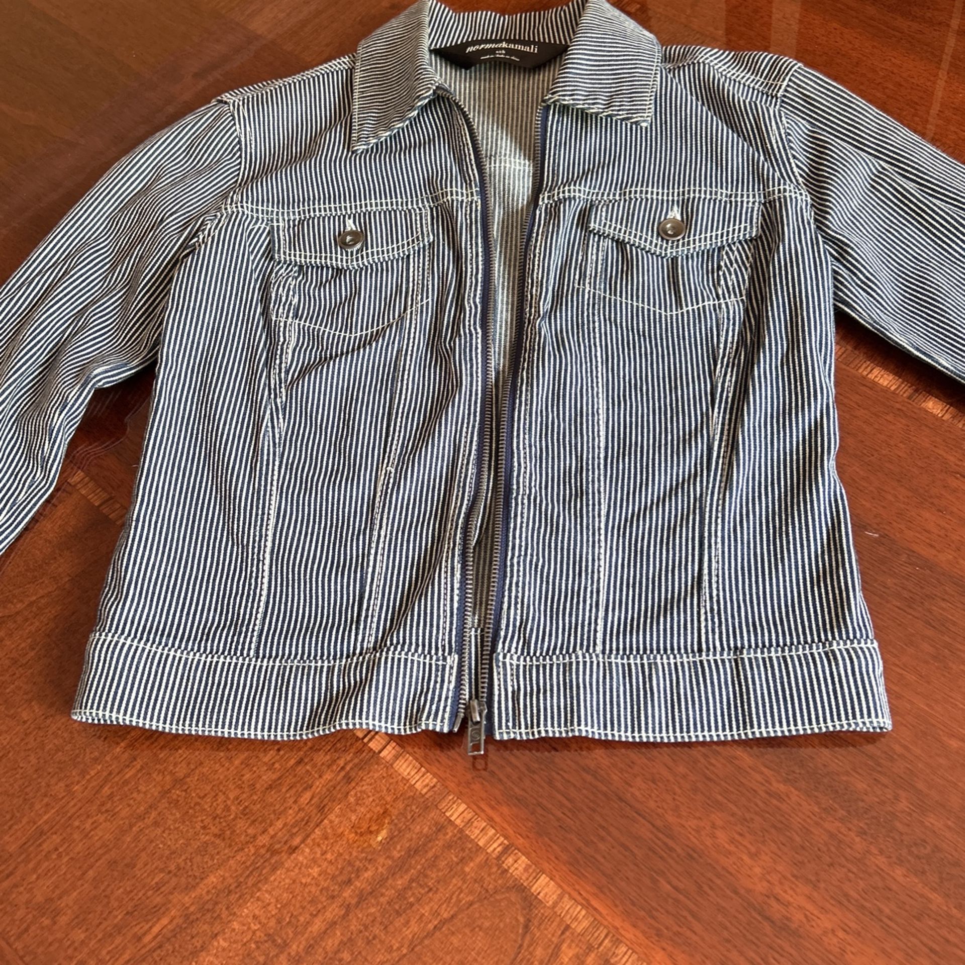 Norma Kamali, Ladies, Designer, Blue And White Striped Size, Small, Long Sleeve Cotton, Jean Jacket