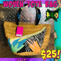 New Tote Bag, Woven Fiber With Abstract Colorful Design 