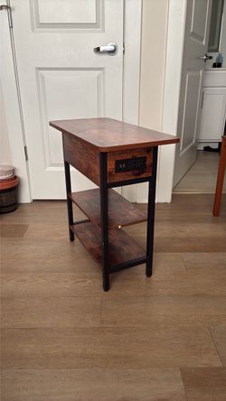Rustic End Table with Charging Station and Shelves