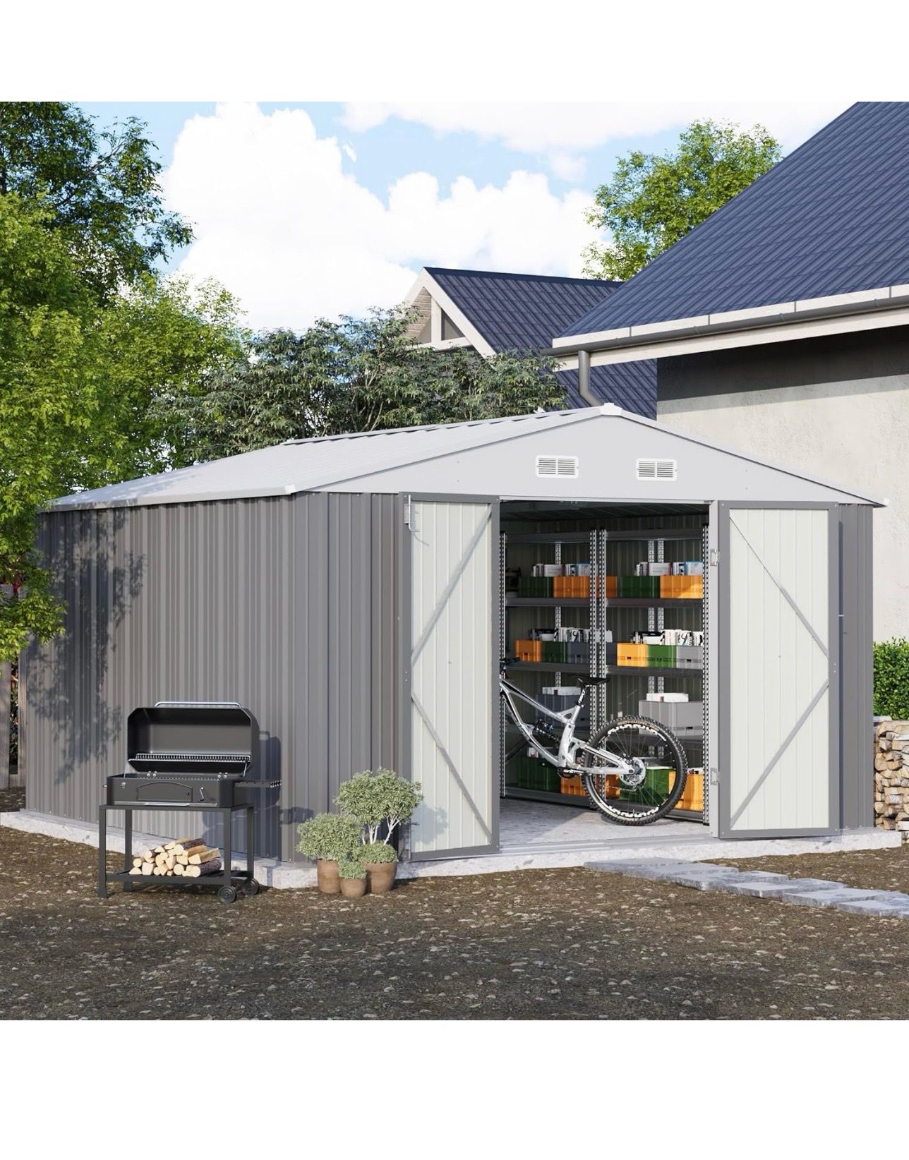 10' x 10' Metal Storage Shed for Outdoor, Steel Yard Shed with Design of Lockable Doors, Utility and Tool Storage for Garden, Backyard, Patio, Outside