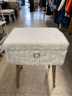 SONGMICS Vanity Stool Chair Faux Fur Storage Bench w/ Metal Legs - Cream White