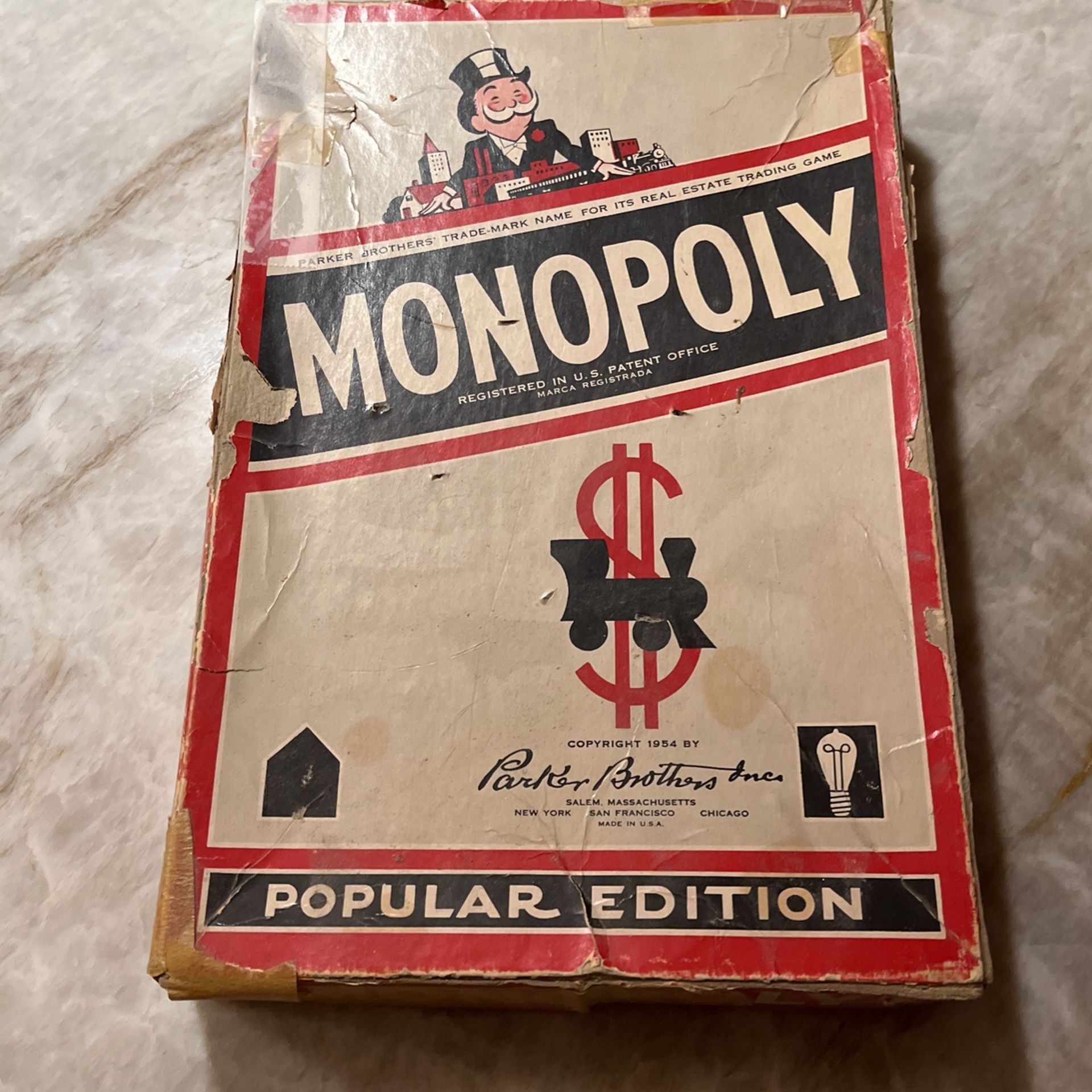 Vintage 1954 Monopoly Game - Popular Edition Parker Brothers ; Wood Pieces and Board. In Original Box With All Game Pieces