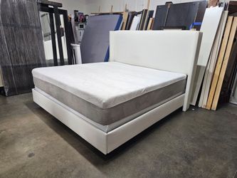 King White Upholstered Platform Bed with Mattress