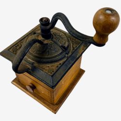 Vintage Wrightsville Hardware Cast Iron & Wood Coffee Grinder Hand Crank Mill