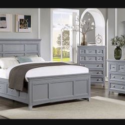 Brand New Elegant Grey Wood Queen Size Storage Bed Set