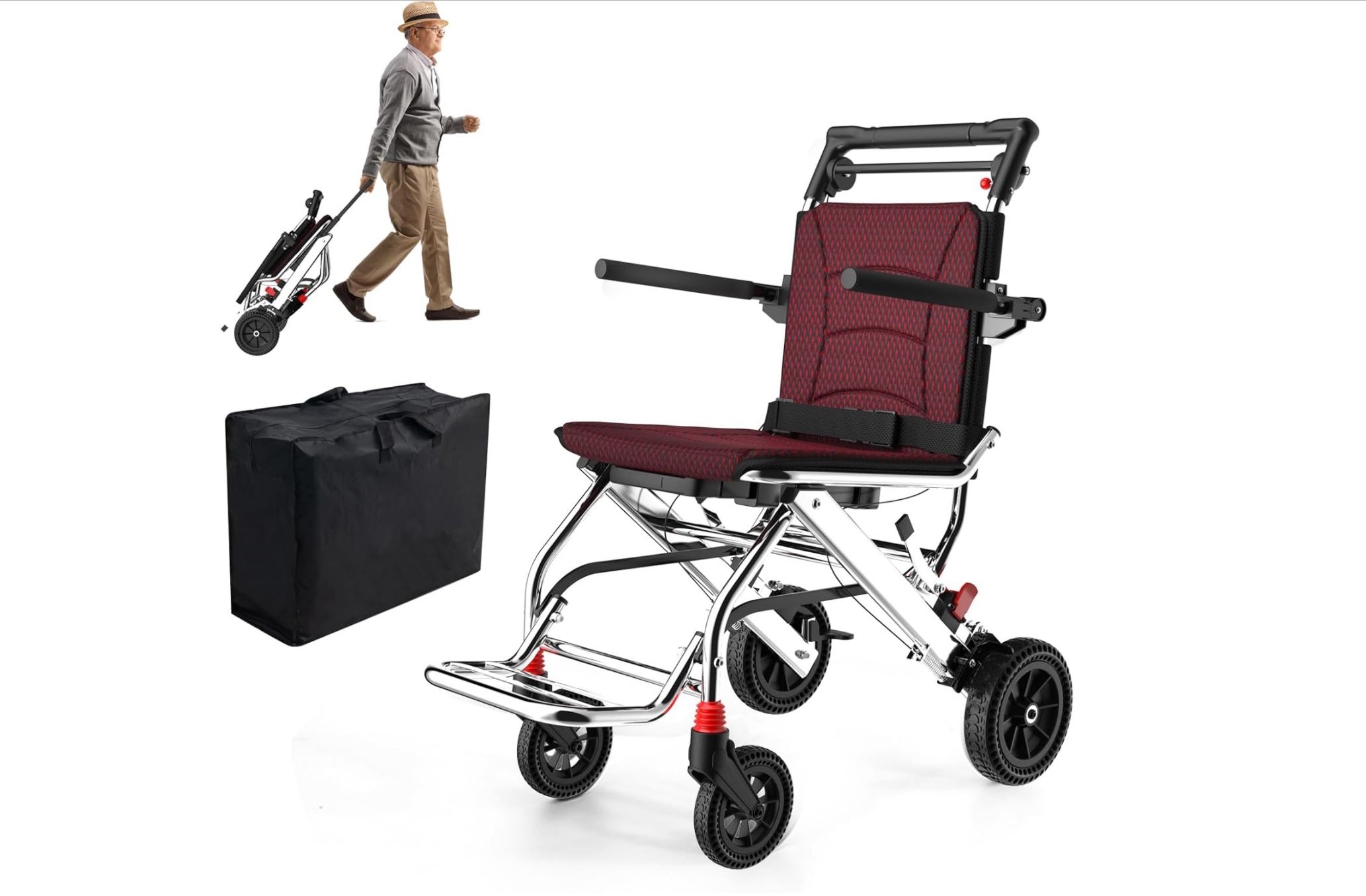 Portable Foldable Lightweight Wheelchair 20lbs with Retractable Pull Rod and Stand, Removable Washable Seat Cushion
