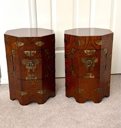 Pair of Asian octagonal wood cabinet hat box/storage decor