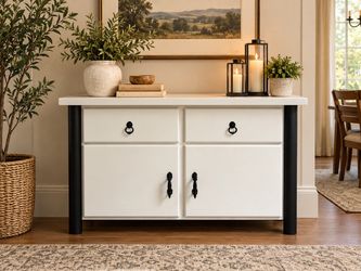 White Sideboard Cabinet with Black Hardware
