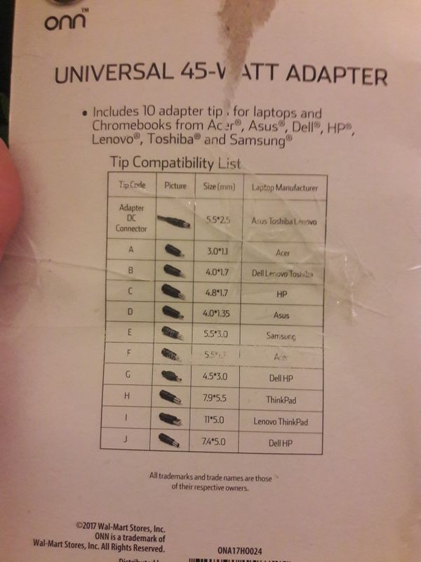 Onn Universal 45 Watt Adapter Compatibility Chart