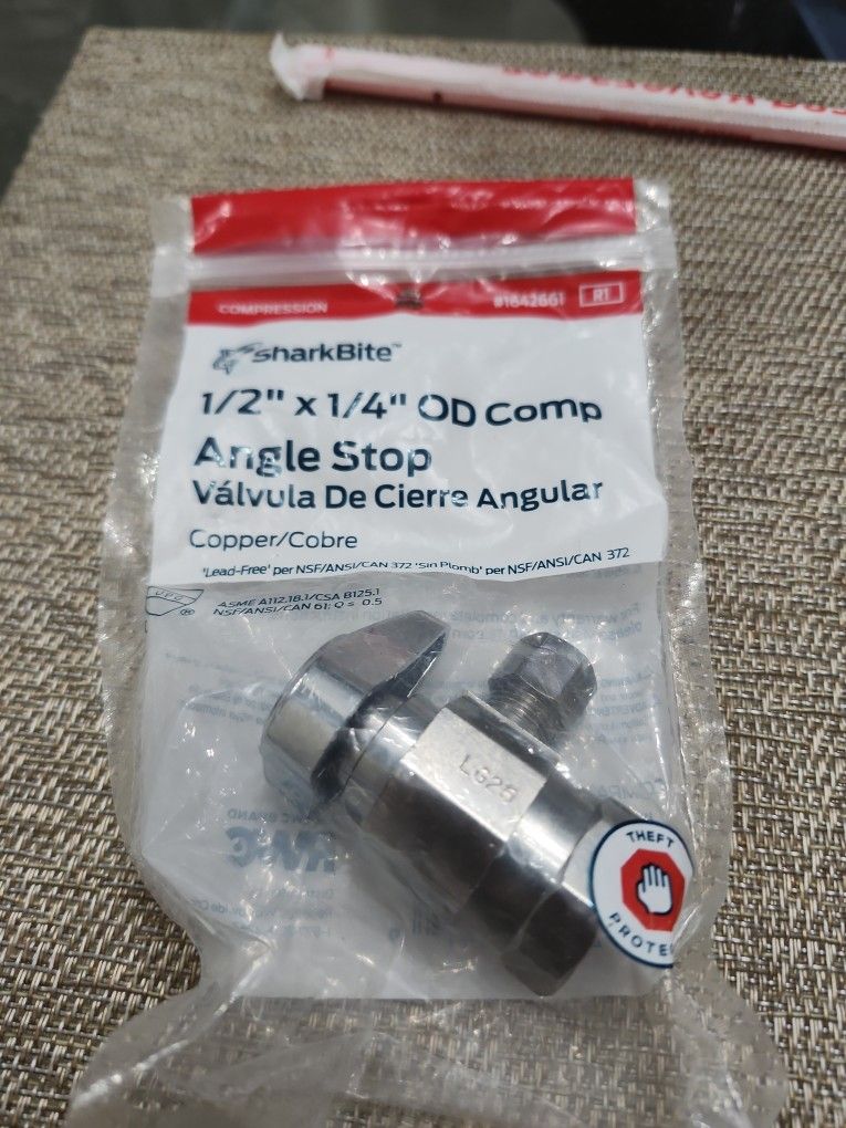 6 -New Shark Bite Compression Water Shut-off Valves Never Used & 1- PVC Toilet Connector