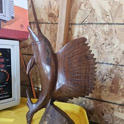 Beautiful Vintage Handcrafted Wooden Sailfish  Statue