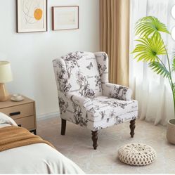 Wingback Accent Chair, Upholstered Mid Century Modern Armchair with Solid Wood Legs, Fabric Linen Leisure Single Sofa Chair for Living Room, Bedroom, 
