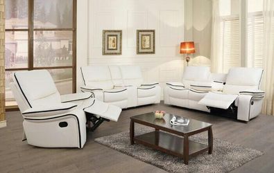 Brand New White Leather 3pc Reclining Set With Storage Compartments Built In Cup Holders & A Drop Down Table