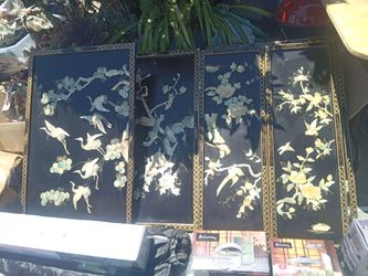 Set of 8 mid.century Chinese black lacquer wall panels with mother of pearl Inlay