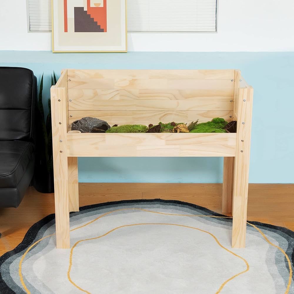 Wooden Tortoise Habitat Indoor, Tortoise Enclosure Turtle House with Legs & Visible Acrylic Window, Large Reptile Cage for Small Animals, Ou