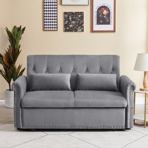 55'' Modern Shiny Velvet Convertible Loveseat Sleeper Sofa Couch w/ 2 Lumbar Pillows, Adjustable Pull-Out Bed and Removable Armrest for Nurser