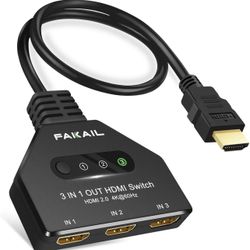 4K 60Hz HDMI Switch 3 in 1 Out FAKAIL HDMI Splitter, 3 Port HDMI Hub Supports 4K 3D HDMI 2.0 HDR Full HD for PS3/4/5 Xbox Fire Stick Apple TV HDTV Rok