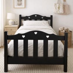 Pottery Barn- Style Black Wooden Twin Bed Solid Wood Kids Bed Heart Detail