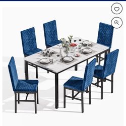  7 Piece Dining Table Set for 6, Faux Marble Kitchen Table with 6 Velvet Chairs, Modern Dining Room Table Set for Small Space, Living Room, Apartment,