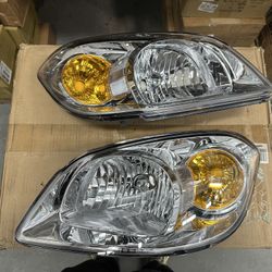 Headlights For 2005 To 2010 Chevy Cobalt/ 2007 To 2010 Pontiac G5; Chrome Housing With Amber Corners