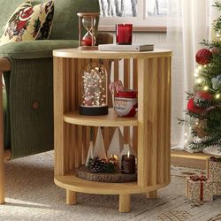 B575 $50  Round End Table, Wood Side Tables, Mid Century Modern Nightstand with 2 Tier Storage, Small Circle Bedside Table for Small Spaces, Living Ro