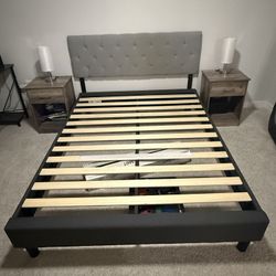 Queen Size Bed Frame + Headboard and 2 nightstands with charging stations