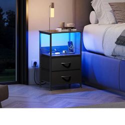 Night Stand with Charger Station, Black Nightstand with 2 Fabric Drawers and Storage Shelf, LED Bedside Table, Bedroom Small End Tables with 3 USB Por