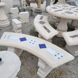 Concrete Mosaic Tile Inlay Curved Benches / Cement Garden Patio Bench / Outdoor Patio Furniture