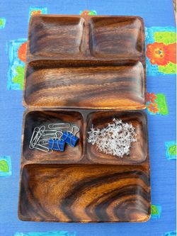 (2) Vintage Wood Divided Serving Tray Dish Decor Mid-Century Modern MCM Brown Square