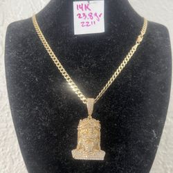 14K Solid Gold Chain and Pendant CUBIC ZIRCONIUM STONES For Wedding 23.8Gr 22 Inches Long 