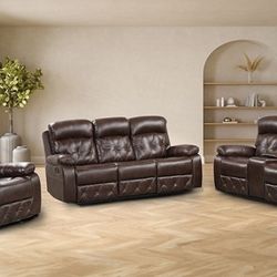 Brand New Brown Leather 3pc Reclining Sofa Set 