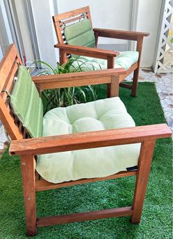 Wooden Outdoor Armchairs with Tahari Green Cushions – Set of 2