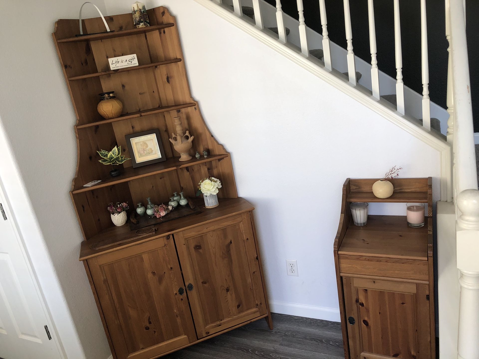 Solid wood set of corner display shelf/storage console, storage cabinet, and dining table