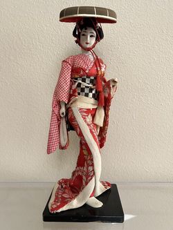 Vintage Japanese 16.5” Doll, Geisha in Kimono with Traditional Hat; Cultural Heritage