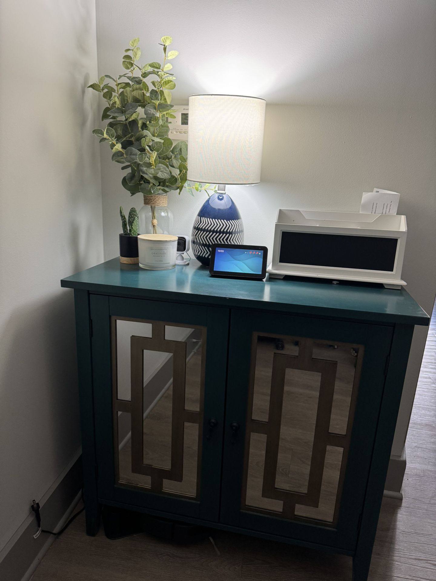Teal Mirrored Accent Cabinet – Stylish Storage with Gold Detailing